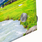 Close-up of a vibrant acrylic wall art piece showcasing a lush marsh landscape, highlighting vivid green vegetation and tranquil water reflections, ideal for nature enthusiasts.