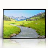 Framed acrylic wall art showcasing a serene marsh and swamp landscape, featuring vibrant greens and blues, designed to enhance any home decor with a nature theme.