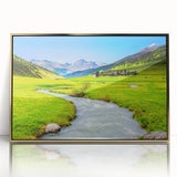 Framed acrylic wall art showcasing a vibrant marsh and swamp landscape, accented with a gold frame, ideal for modern home decor and nature enthusiasts.