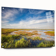 Side view of a unique wall art piece featuring a marsh and swamp landscape design, printed on acrylic glass, showcasing vibrant colors and intricate details, perfect for nature lovers.