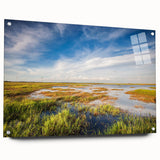 Side view of a unique wall art piece featuring a marsh and swamp landscape design, printed on acrylic glass, showcasing vibrant colors and intricate details, perfect for nature lovers.