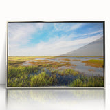 Framed acrylic wall art showcasing a serene marshland scene with vibrant greenery and reflective water, designed to enhance home decor with a modern touch. Ideal for nature lovers and contemporary art enthusiasts.