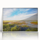 Framed wall art collection showcasing a serene marsh landscape in a swamp design, featuring vibrant greens and blues with a sleek white frame, perfect for nature-inspired decor.