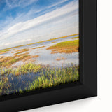 Close-up of a framed canvas showcasing a vibrant marsh and swamp landscape design, highlighting intricate details and rich colors, perfect for nature-inspired decor.