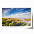 Rolled canvas print showcasing a vibrant marsh landscape with lush greenery and serene water reflections, ideal for nature-themed decor in homes or offices.