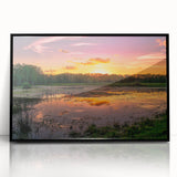 Framed wall art showcasing a serene marsh and swamp landscape, featuring vibrant greens and earthy tones, ideal for enhancing home decor with nature-inspired aesthetics.