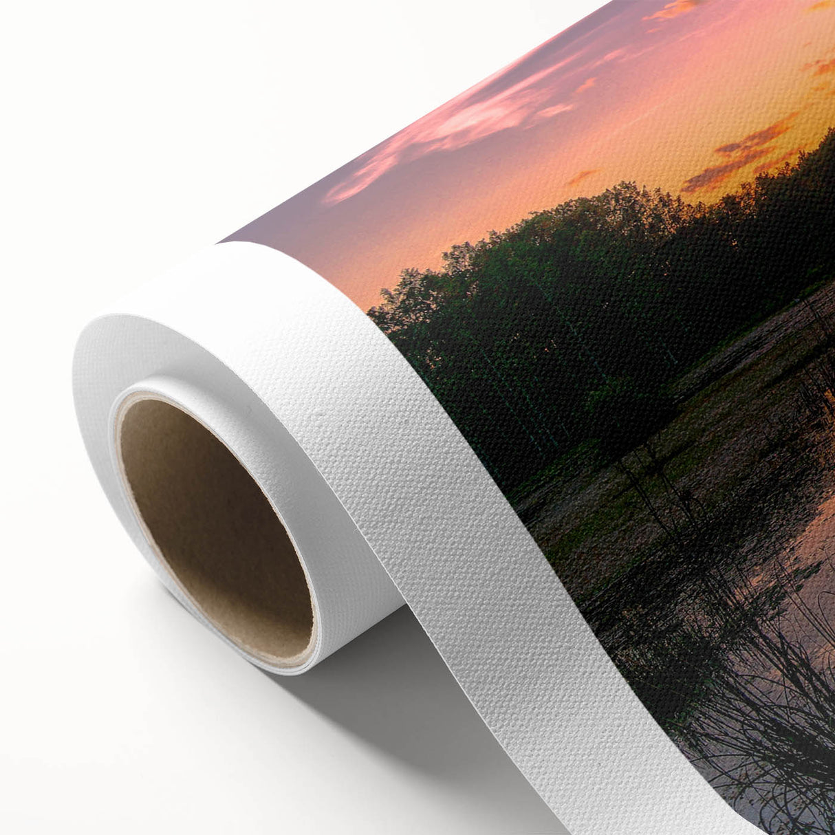 Lush green marsh landscape featuring vibrant flora and tranquil water reflections, ideal for home decor. Rolled canvas wall art captures nature's serene beauty.