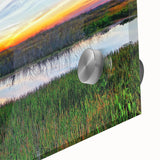 Close-up of a vibrant acrylic landscape wall art piece depicting a serene marsh and swamp scene, showcasing rich greens and blues, perfect for adding nature-inspired decor to any room.