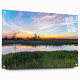 Close-up view of a marsh swamp landscape wall art piece, showcasing vibrant colors and intricate details, designed for acrylic glass display with pins, perfect for nature-themed decor.