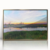 Framed wall art design showcasing a vibrant marsh and swamp landscape, featuring rich greens and earthy tones, accented with a gold frame for elegance.