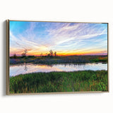 Framed canvas wall art depicting a serene marsh landscape with lush greenery and golden accents, perfect for enhancing home decor and creating a tranquil ambiance.