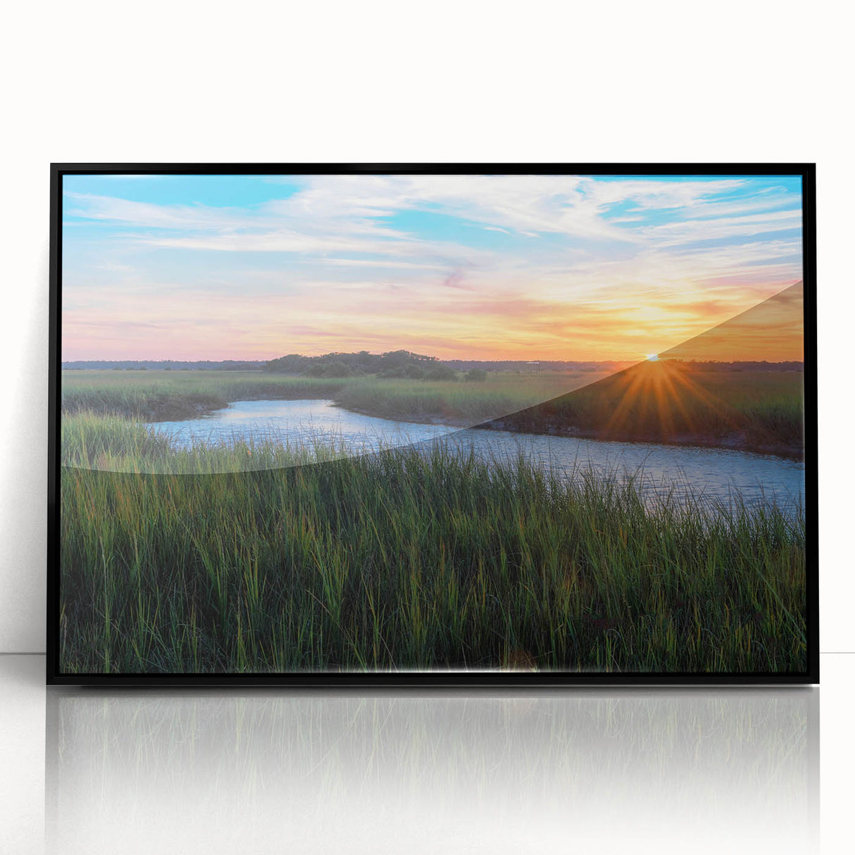 Framed acrylic wall art featuring a serene marsh landscape design with rich green and blue hues, showcasing detailed reflections in tranquil water, perfect for nature-inspired decor.