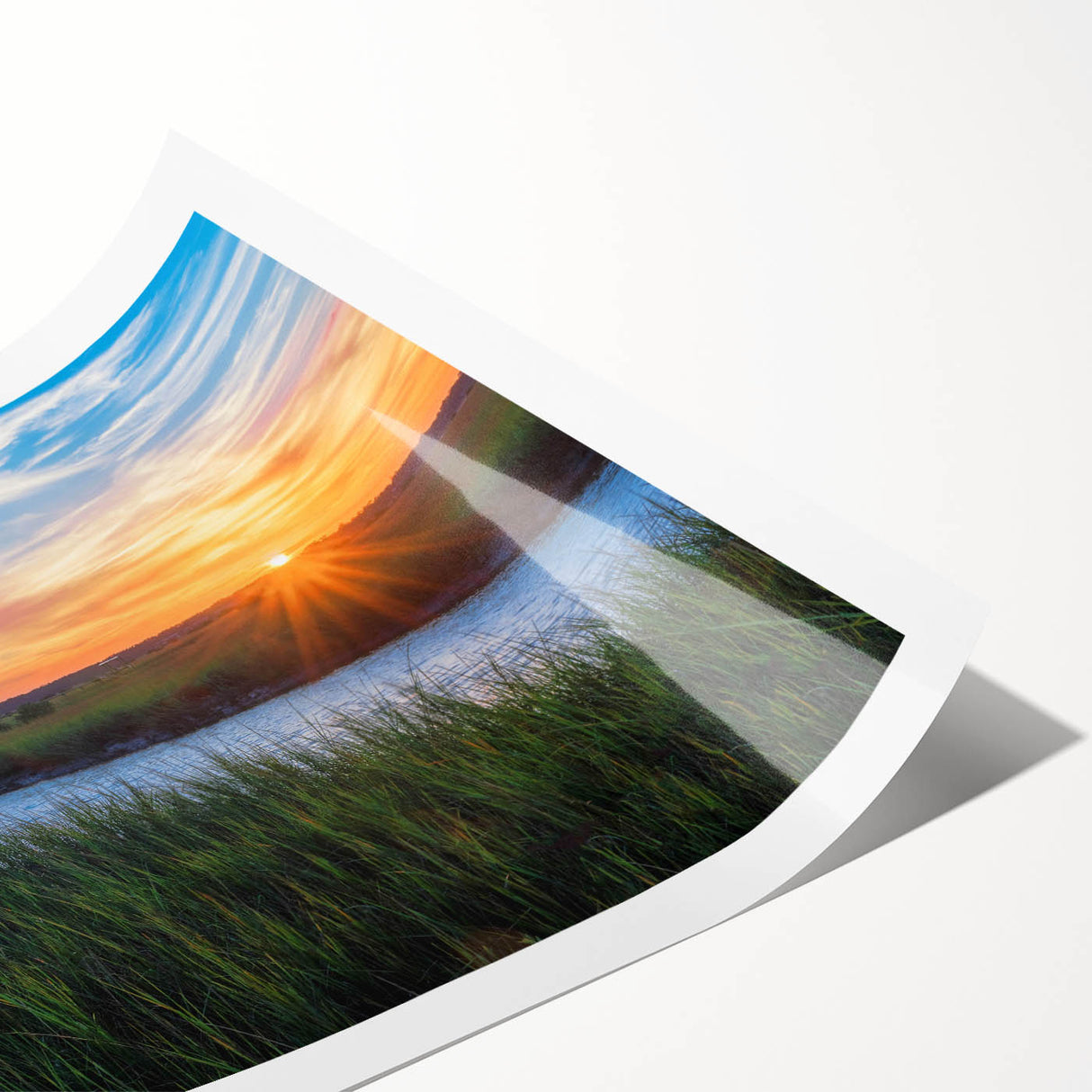 Vibrant wall art print showcasing a serene marsh landscape with lush greenery and reflective water, ideal for nature-themed decor or tranquil settings.