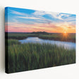 Stretched canvas wall art featuring a serene marsh landscape with lush greenery and tranquil water reflections, perfect for nature-themed decor.