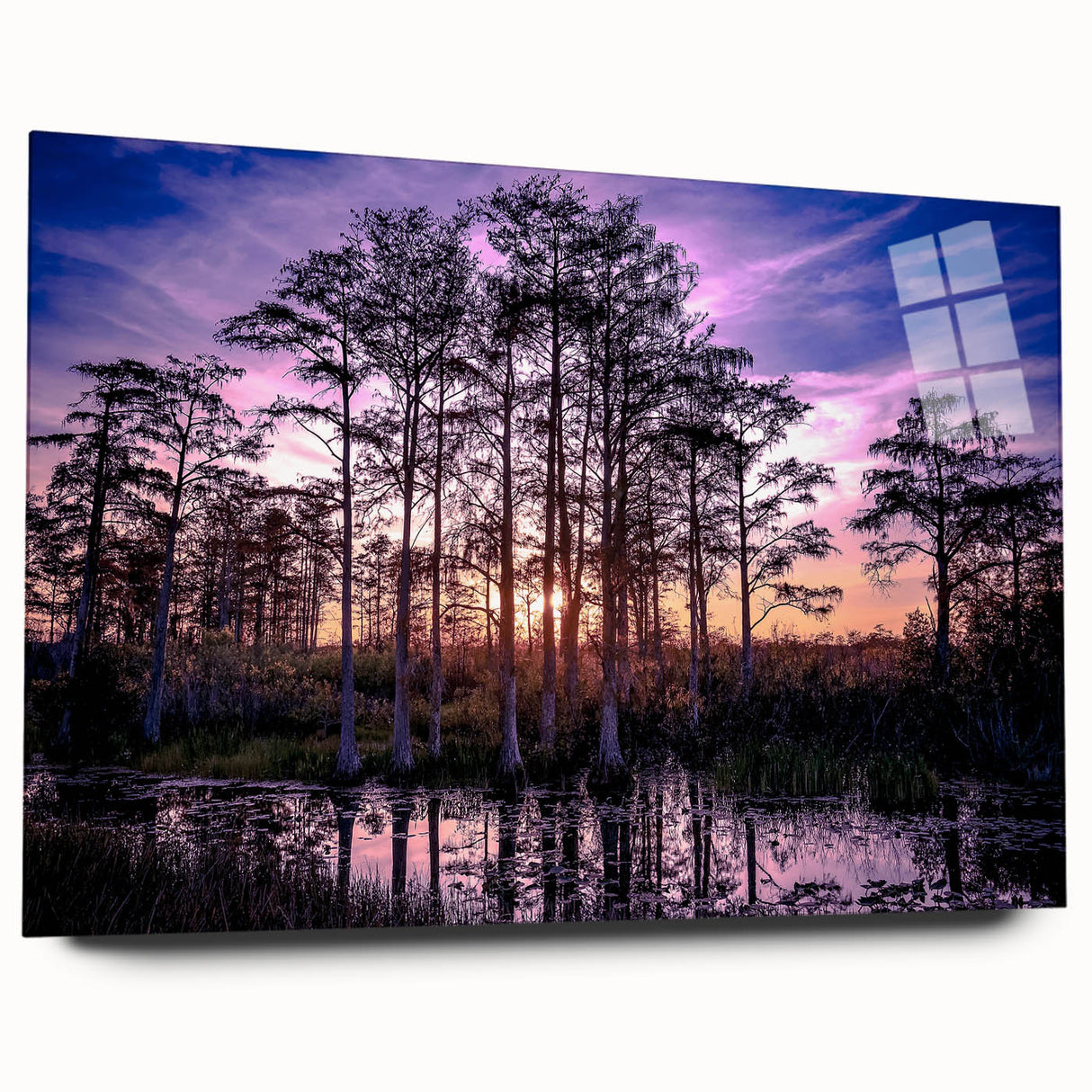 Vibrant wall art collection depicting a serene marsh landscape in an acrylic glass frame, showcasing rich greens and blues, ideal for nature lovers' decor.