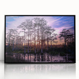 Framed wall art showcasing a serene marsh landscape with lush greenery and reflections in water, designed to enhance home decor with a nature-themed aesthetic.