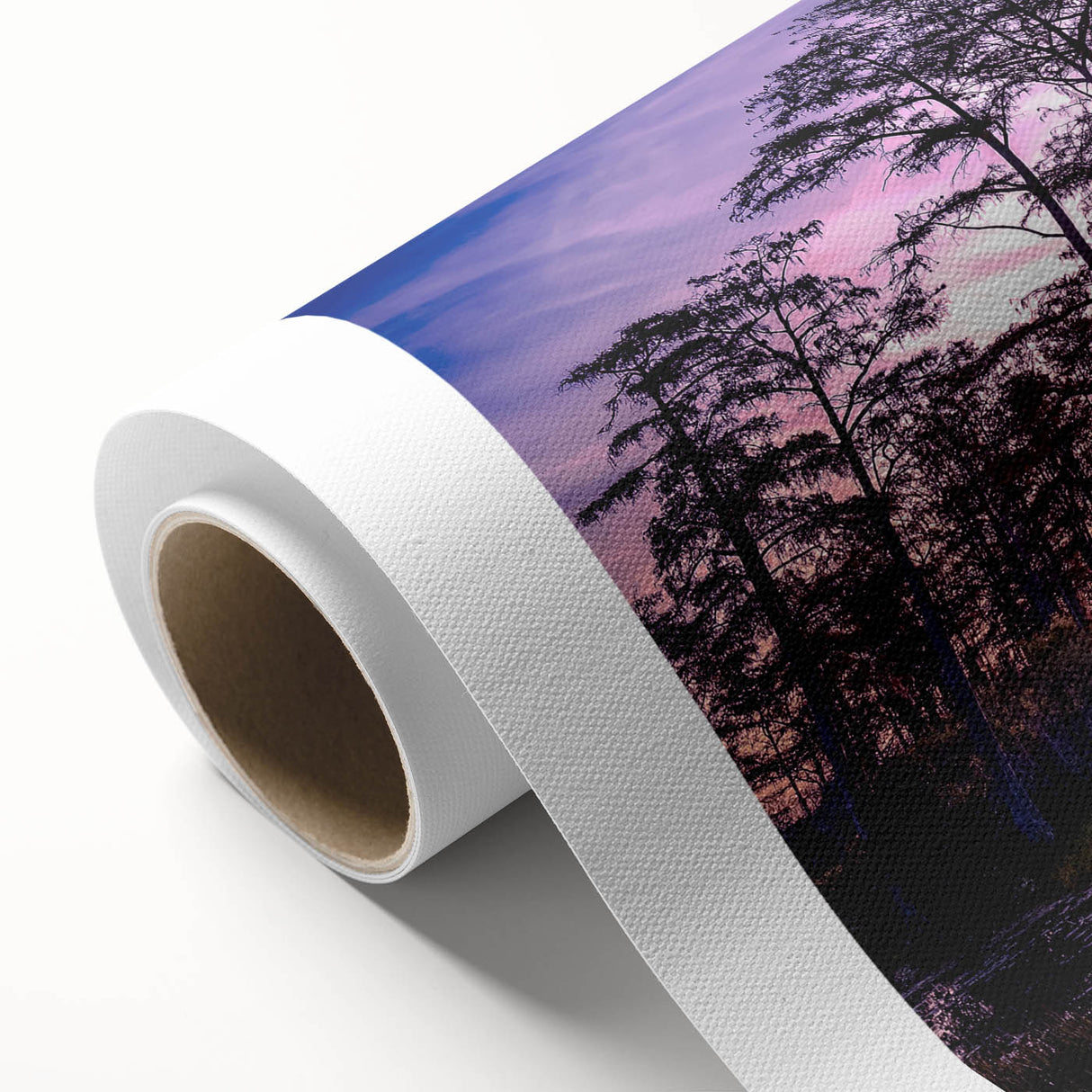Vibrant rolled canvas wall art depicting a serene marsh landscape with lush greenery and a tranquil water reflection, perfect for home decor.