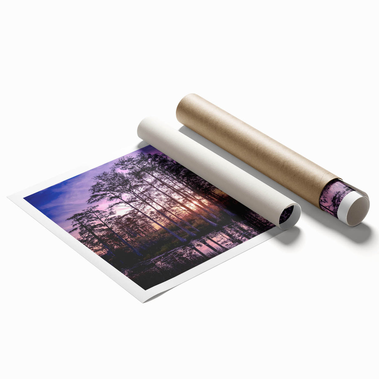 Vibrant rolled print of a serene marsh landscape showcasing lush greenery and tranquil water reflections, ideal for nature-themed home decor.