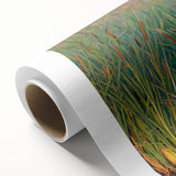 Vibrant rolled canvas art showcasing a serene marsh landscape with lush greenery and tranquil water reflections, perfect for home decor.