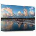 Side view of a modern acrylic glass wall art design featuring a tranquil marsh landscape, showcasing vibrant colors and detailed textures, ideal for home decor.