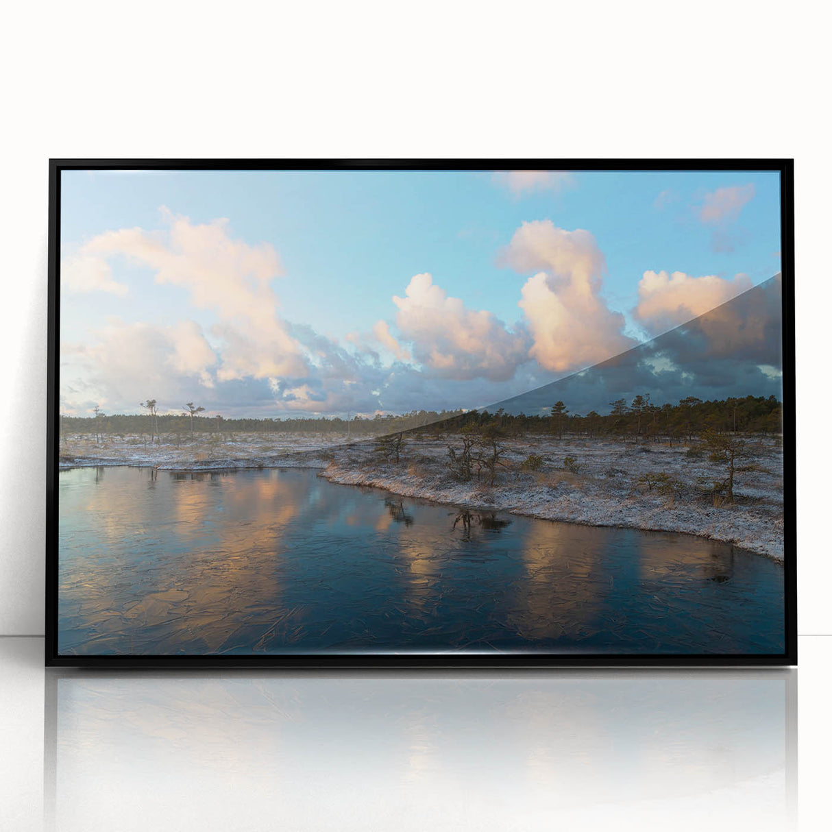 Framed acrylic wall art showcasing a vibrant marsh landscape design, featuring lush greenery and serene water reflections, set in a sleek black frame. Perfect for nature enthusiasts looking to enhance their home decor with a touch of tranquility.