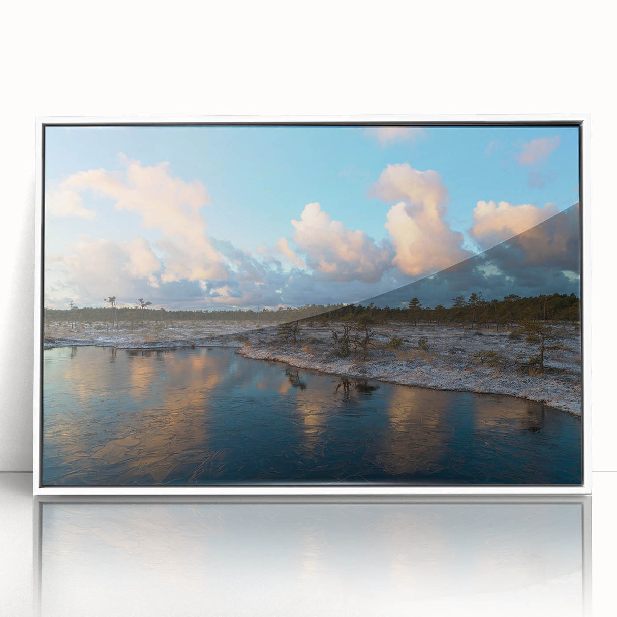 Framed wall art featuring a serene marsh landscape design, showcasing vibrant greens and blues, enhancing home decor with a tranquil nature-inspired aesthetic.