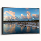 Framed canvas wall art depicting a serene marsh landscape with lush greenery and water reflections, showcasing vibrant colors and intricate details, perfect for nature lovers.