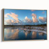Framed canvas wall art showcasing a serene marsh landscape with lush greenery and subtle gold accents, designed to enhance home decor with a calming atmosphere.