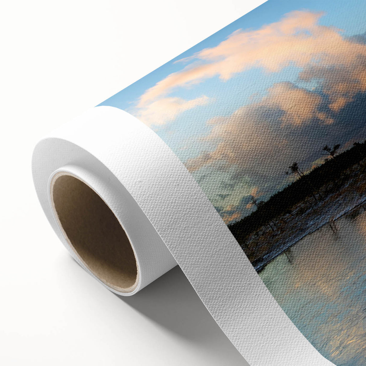 Vibrant rolled canvas artwork depicting a serene marsh landscape, showcasing lush greenery and tranquil water reflections, perfect for nature-themed decor.
