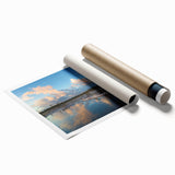 Marsh landscape wall art print featuring vibrant greens and blues, showcasing a serene swamp scene with lush vegetation and tranquil water reflections, rolled for easy display.