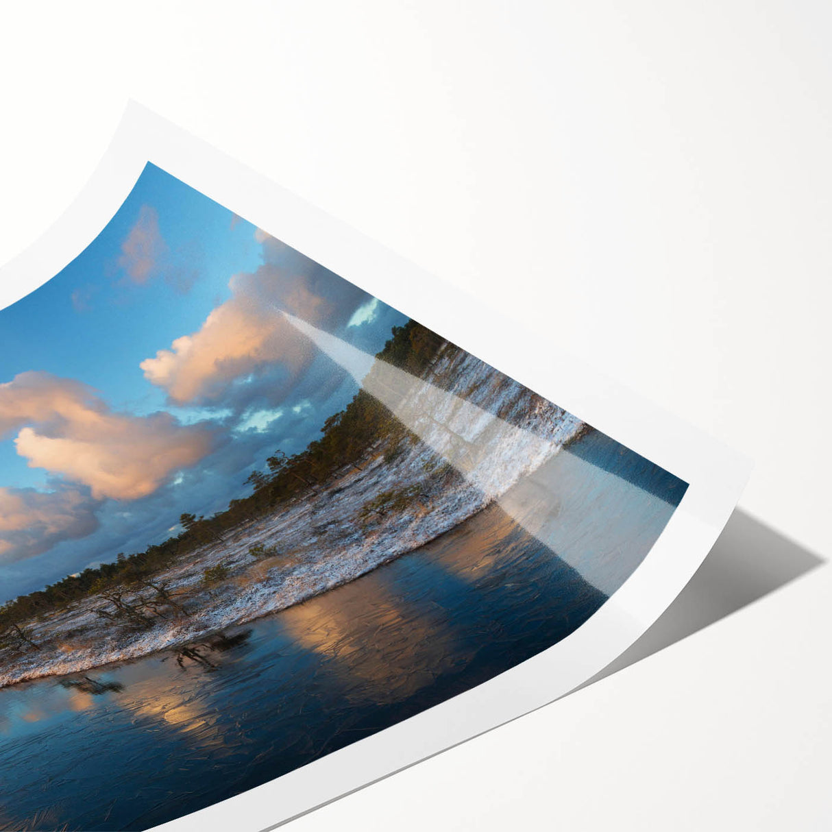 A serene landscape depicting a lush marsh with vibrant green vegetation and a tranquil waterway, designed as a rolled wall art print perfect for home decor.