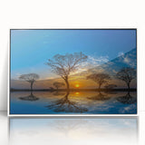 Framed acrylic wall art depicting a serene marsh landscape with vibrant greens and blues, showcasing detailed textures and reflections, ideal for nature-themed decor.