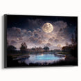 Framed black canvas wall art depicting a serene marsh landscape with vibrant greenery and reflections in still water, perfect for nature lovers and home decor.