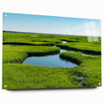 Acrylic glass wall art collection showcasing a serene marsh landscape design, featuring lush green grasses and tranquil water reflections, highlighted with decorative pins for added elegance.