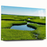 Acrylic glass wall art collection showcasing a serene marsh landscape design, featuring lush green grasses and tranquil water reflections, highlighted with decorative pins for added elegance.