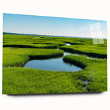 Acrylic glass wall art showcasing a serene marsh landscape with lush greenery and tranquil water, designed for modern home decor. Ideal for nature enthusiasts.