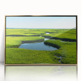 Framed wall art collection depicting a serene marsh landscape with lush greenery and golden accents, perfect for enhancing home decor and creating a tranquil atmosphere.