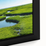 Framed canvas artwork showcasing a vibrant marsh landscape with rich greens and earthy tones, highlighting intricate swamp details and textures, perfect for nature lovers.