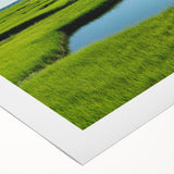 Vibrant rolled canvas artwork depicting a serene marsh landscape with lush greenery and tranquil water reflections, ideal for nature-themed decor.
