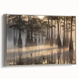 Framed canvas wall art featuring a serene landscape of a marsh and swamp, showcasing vibrant greens and reflective waters, perfect for nature enthusiasts' decor.