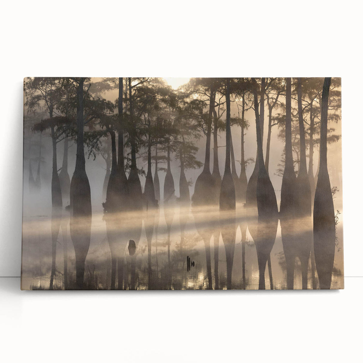Stretched canvas wall art depicting a serene marsh landscape with vibrant greens and blues, perfect for nature lovers and home decor enthusiasts. Ideal for adding a calming touch to any space.
