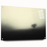 Acrylic wall art showcasing a misty landscape design, framed with clear glass and secured with stylish pins, perfect for modern home decor aesthetics.