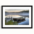 Framed wall art collection showcasing a serene landscape with mist and fog, featuring a sleek black frame and white mat, ideal for modern home decor.
