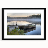 Framed wall art collection showcasing a serene landscape with mist and fog, featuring a sleek black frame and white mat, ideal for modern home decor.