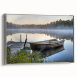 Framed canvas wall art showcasing a serene landscape design with mist and fog, featuring a silver frame, perfect for adding tranquility to any room decor.