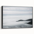 Framed canvas wall art showcasing a serene landscape design with mist and fog, featuring a black frame and a side view display, perfect for modern decor.