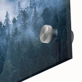 Close-up of a misty landscape wall art piece featuring soft hues of gray and blue, designed on acrylic glass for a modern decor aesthetic, perfect for enhancing living spaces.