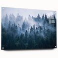 Acrylic glass wall art showcasing a serene landscape design with mist and fog, displayed from a side view, featuring unique pin accents for a modern touch.