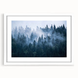 Framed wall art featuring a serene landscape design with mist and fog, presented in a white mat and frame, ideal for enhancing modern home decor.