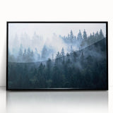 Framed acrylic wall art showcasing a serene landscape shrouded in mist and fog, with a sleek black frame enhancing its modern aesthetic. Perfect for home decor.